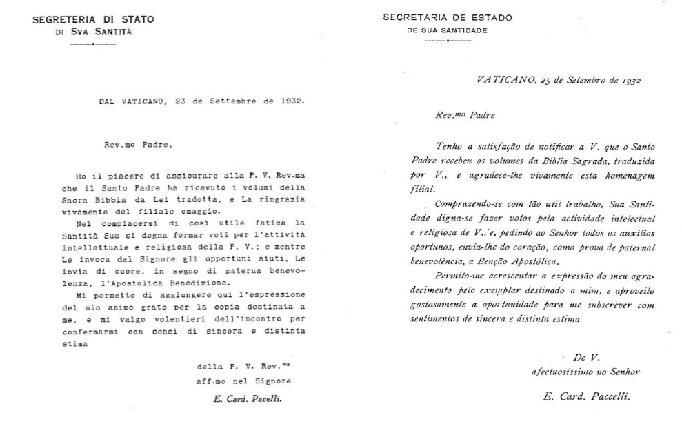 Die beiden Briefe des Staatssekretariats des Heiligen Stuhls, auf Italienisch (23. September 1932) und auf Portugiesisch (25. September 1932), unterzeichnet E. Card. Pacelli